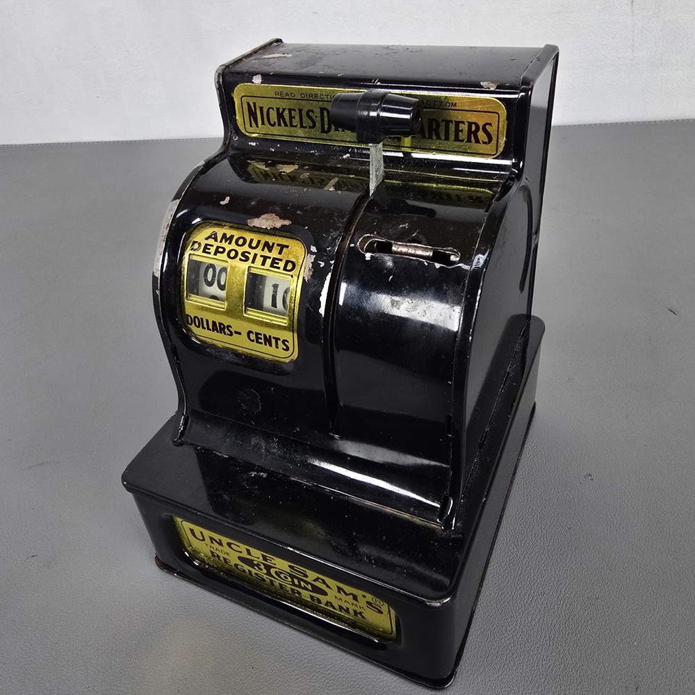 Vintage Uncle‎ Sams 3 Coin Register Bank Black Tin Mechanical Toy Made in Japan
